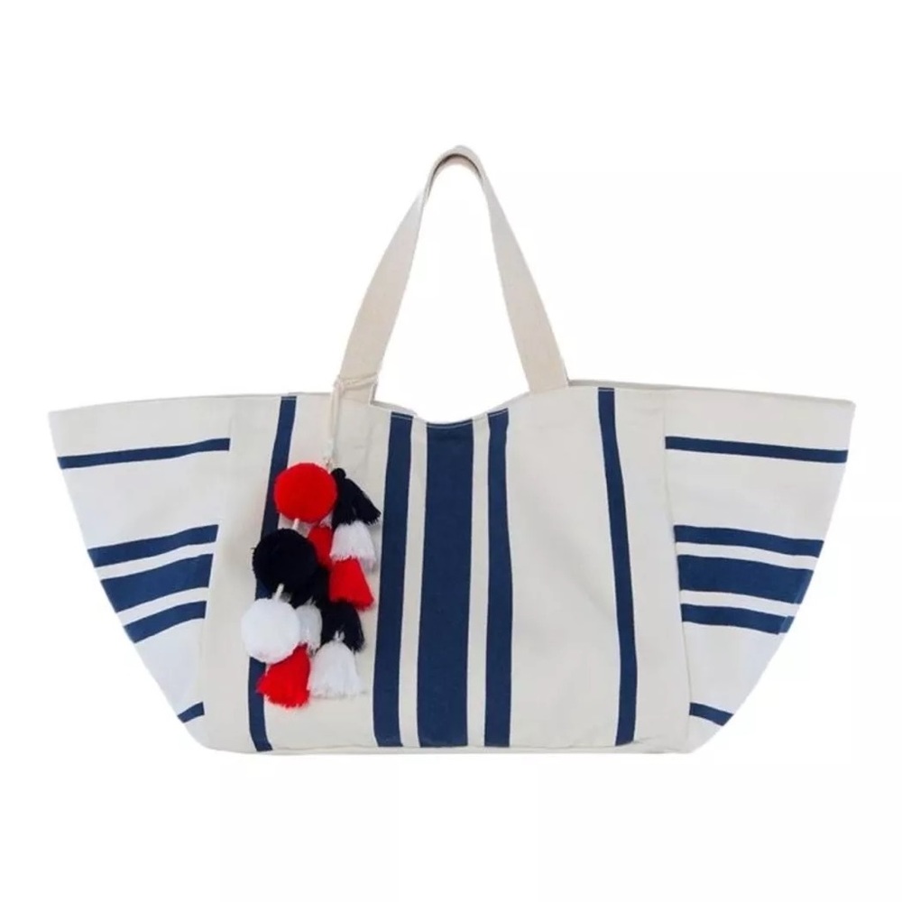 Shiraleah Marina Tote NWT Beige/Blue Canvas Tassel PomPom Beach Boat Summer Bag